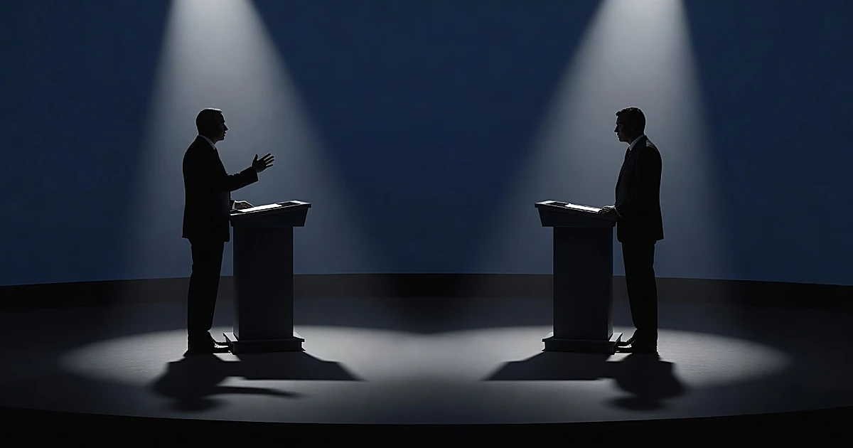 Two silhouetted figures at opposing podiums on a debate stage with dramatic lighting