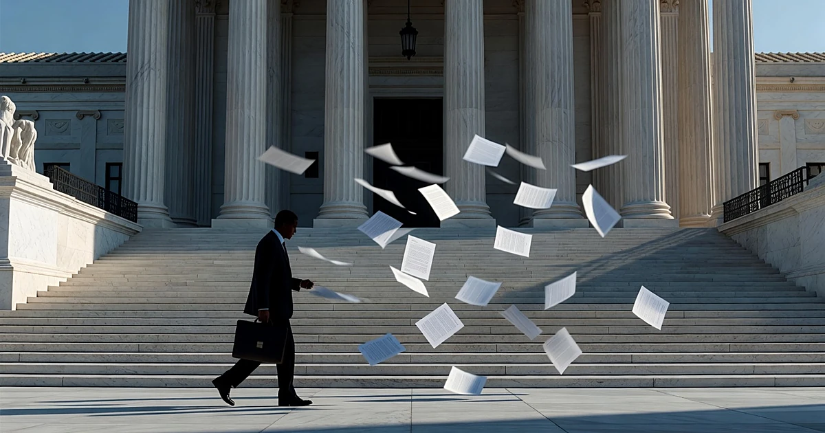 Silhouetted figure climbing Supreme Court steps with blank legal papers scattered on marble in dramatic lighting