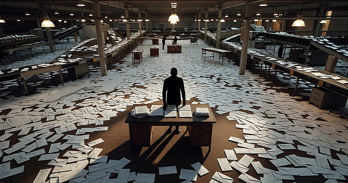 Aerial view of mail facility with thousands of envelopes containing checks spread across sorting floor
