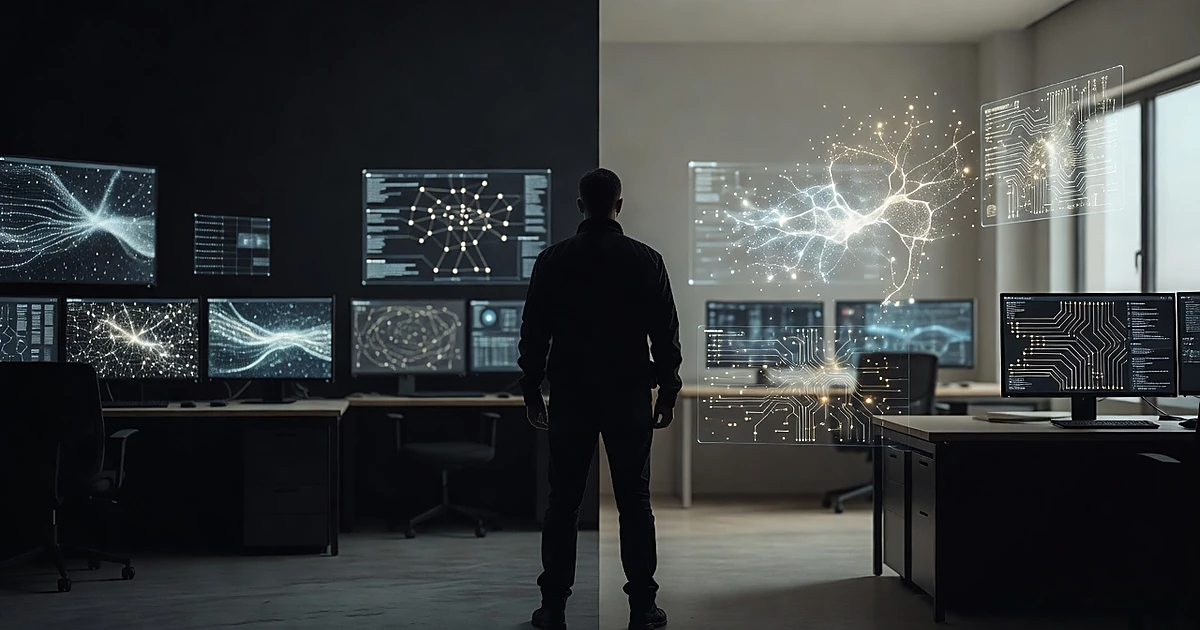 Silhouette between surveillance room with glowing monitors and tech workspace with holographic AI visualizations