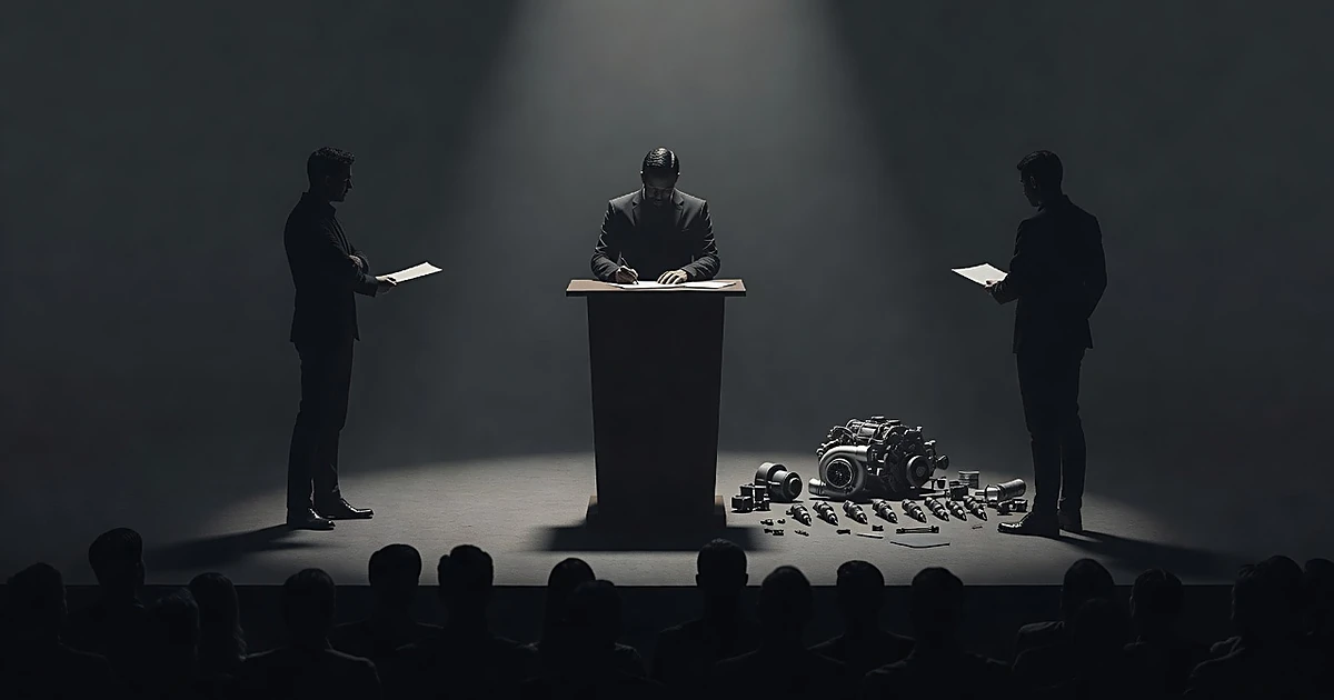 Silhouetted figure at podium signing documents on stage with diesel engine parts nearby and audience watching