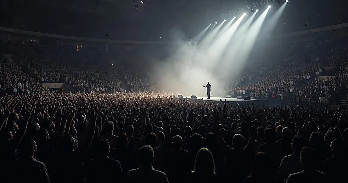 Silhouetted crowd facing illuminated stage in large indoor arena during political rally