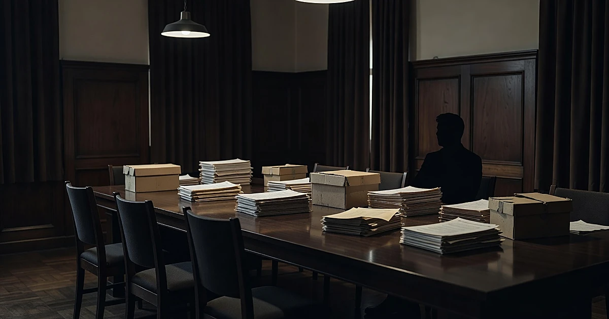 Three empty chairs face a lone silhouette across a table covered with document folders in a dark government office