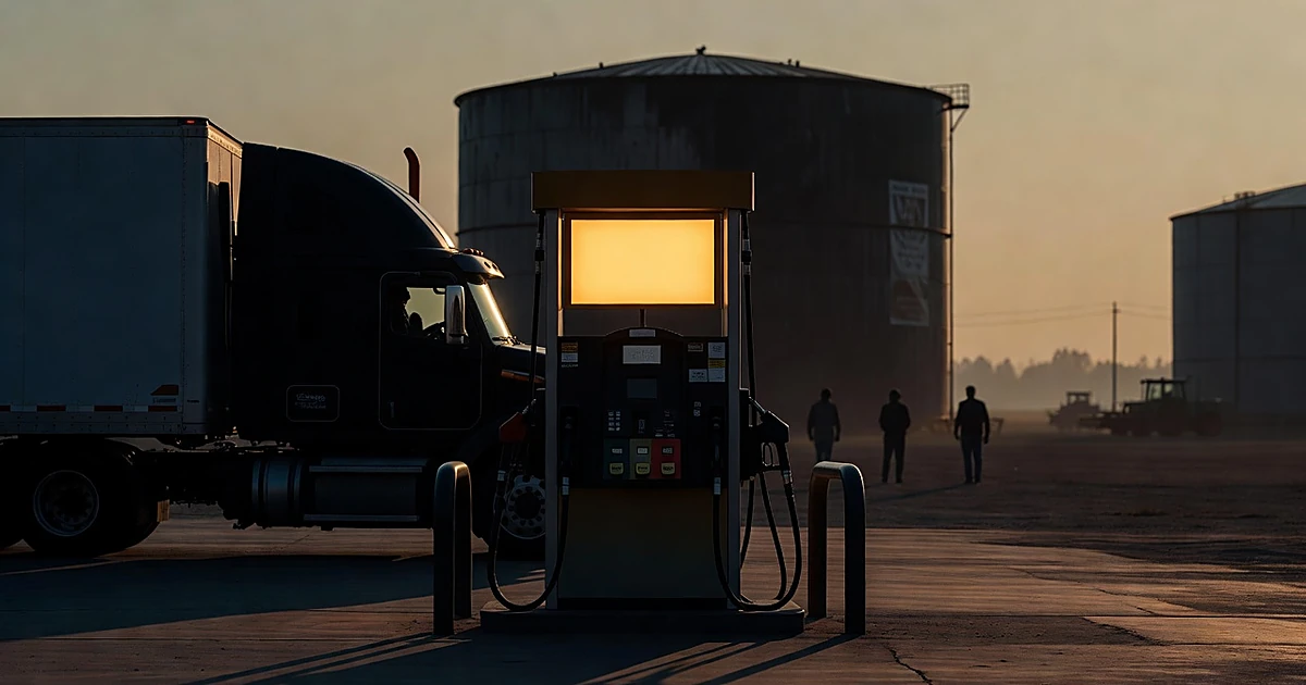 Semi-truck silhouette at diesel pump with storage tanks and farm equipment in background at dusk