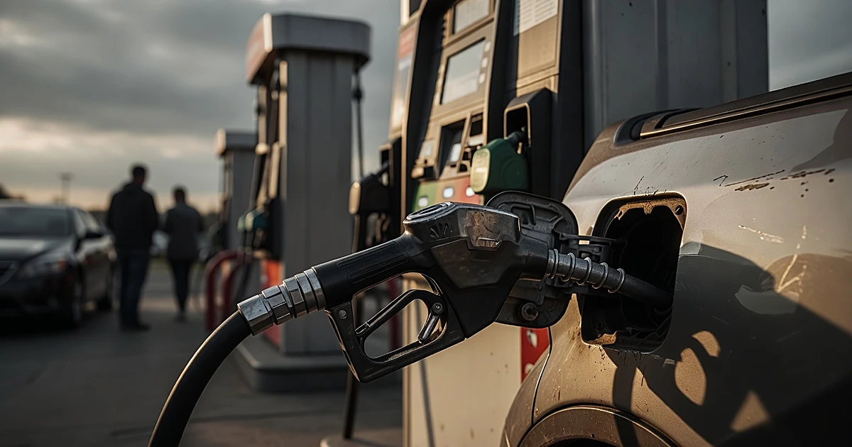 Gas pump nozzle filling a vehicle tank with silhouettes of other cars waiting in the background