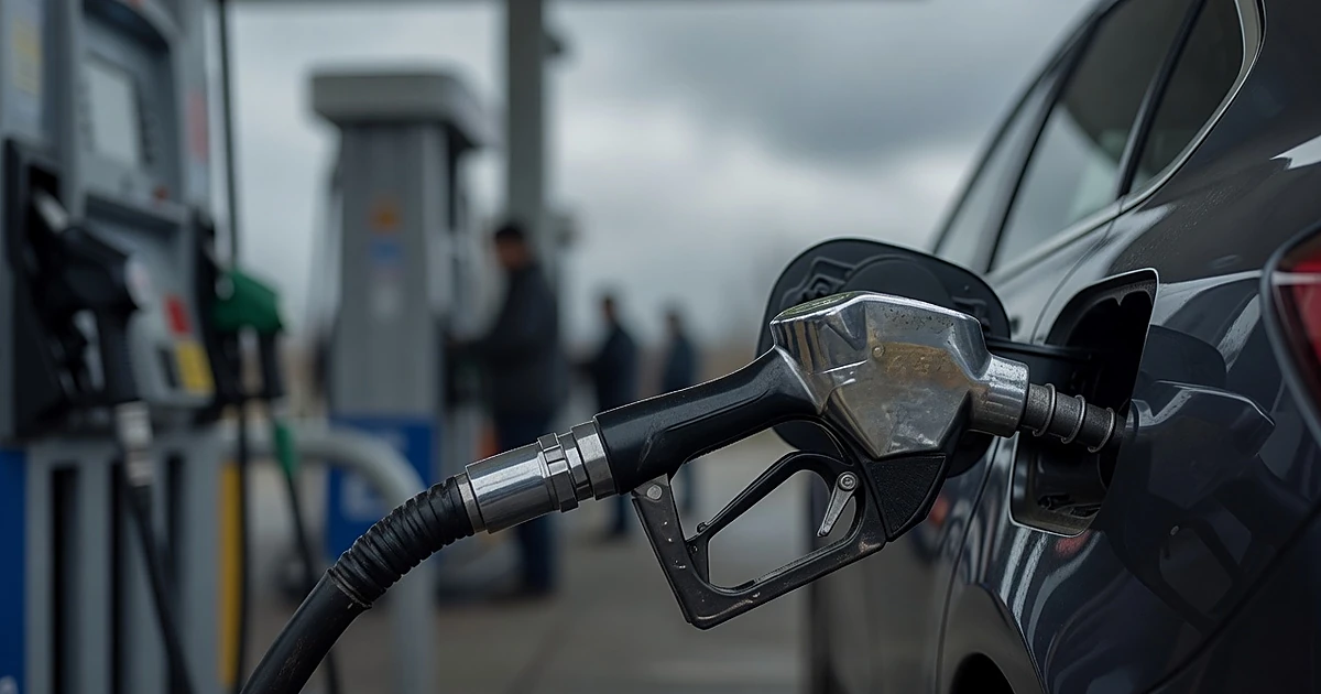 Gas pump nozzle filling a vehicle tank with fuel stations visible in the background under overcast sky