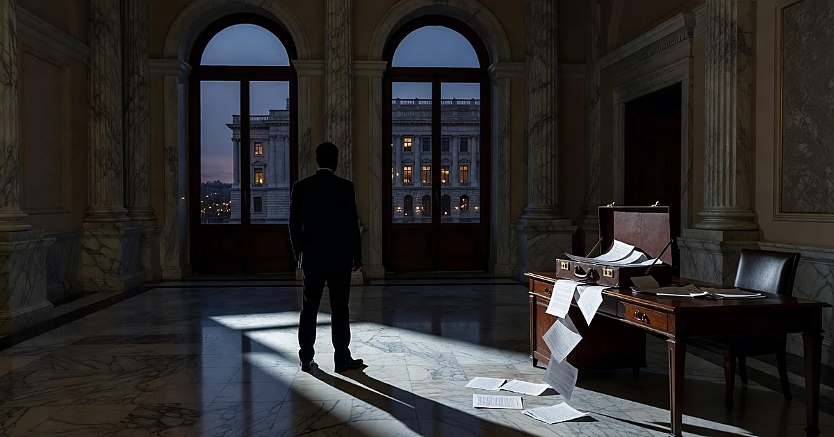 Silhouetted figure alone in grand embassy interior with papers scattered, suggesting diplomatic crisis