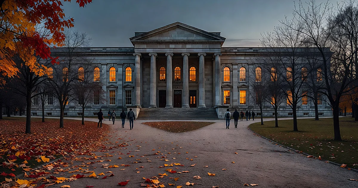 University building with columns between two diverging pathways, distant student silhouettes walking in twilight