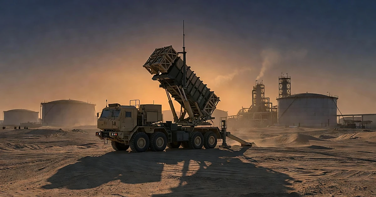 Patriot missile defense system in desert with oil facility infrastructure silhouetted in background at dusk