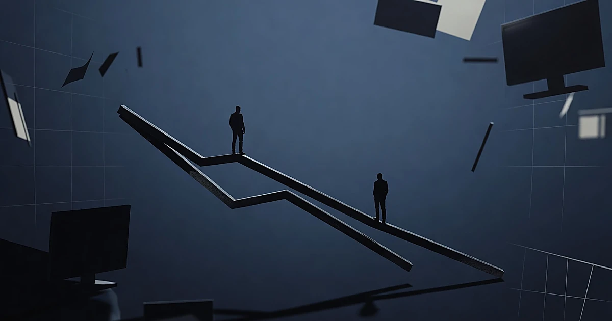 Two silhouettes standing on separate descending graph lines against a dark background with market-themed elements