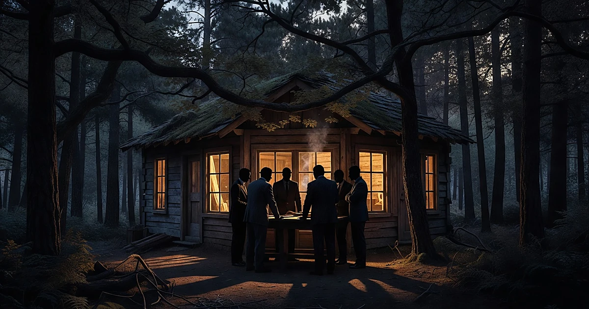 Silhouettes of officials gathered around table inside secluded mountain lodge at dusk with forest surroundings