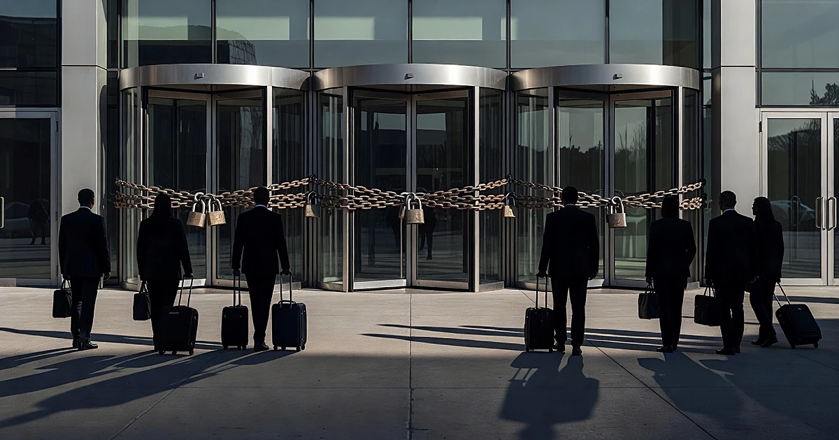 Chained office building entrance with silhouettes of people holding luggage standing outside, unable to enter