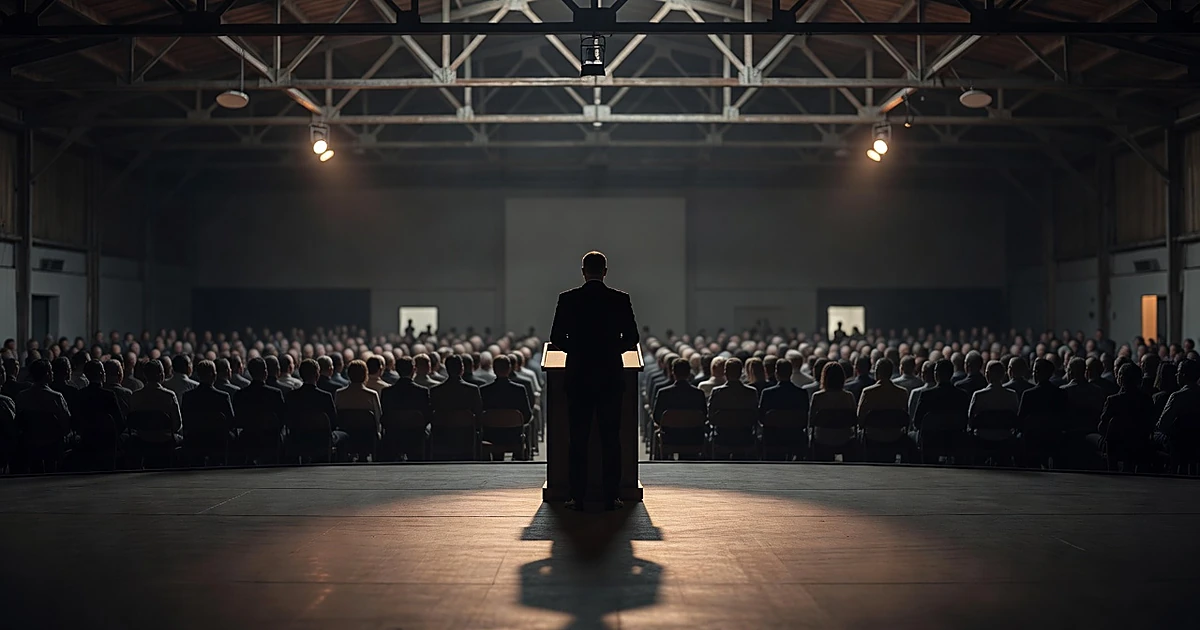 Silhouetted speaker at podium addressing crowd of silhouettes in large indoor venue with dramatic stage lighting
