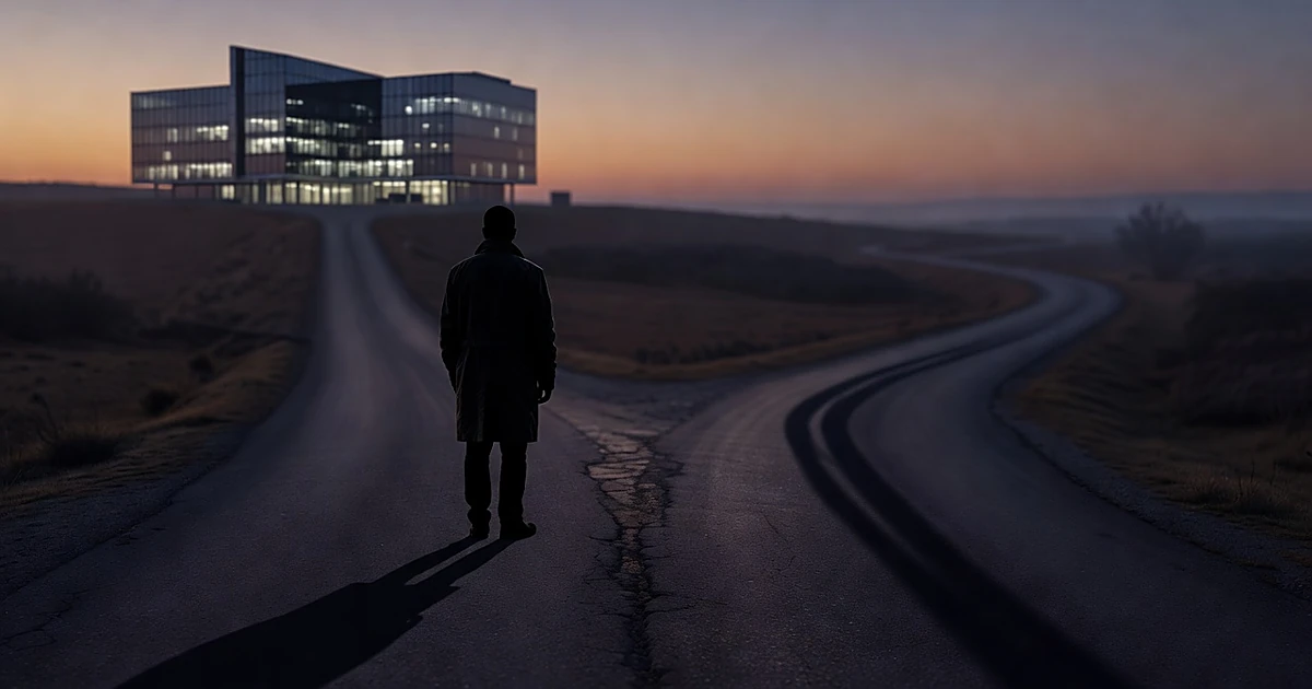 Silhouetted figure at forked road with one path leading to distant government building, symbolizing political choice