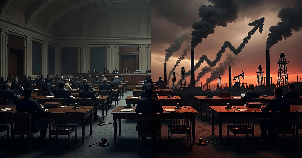 Split scene showing congressional hearing room silhouettes and industrial energy infrastructure against dramatic sky
