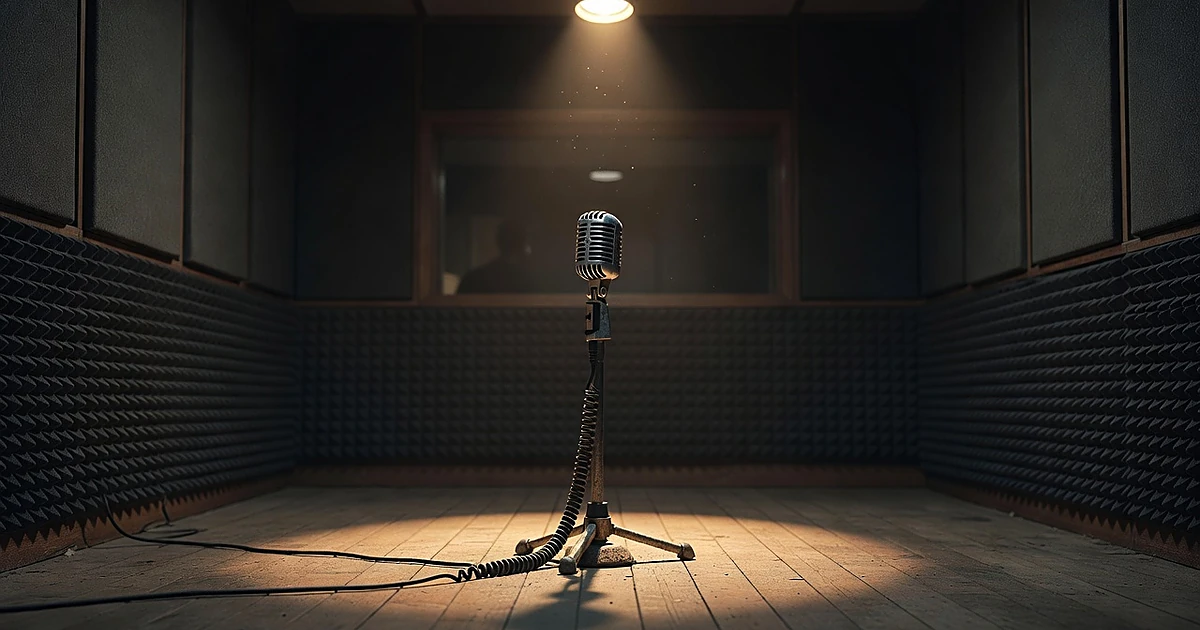 Empty recording studio with vintage microphone in spotlight, surrounded by acoustic foam panels and shadows