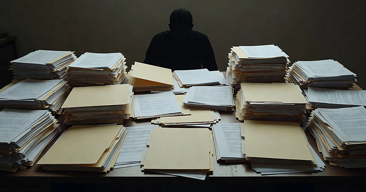 Desk covered with scattered folders and blank documents with silhouetted figure reviewing paperwork from behind
