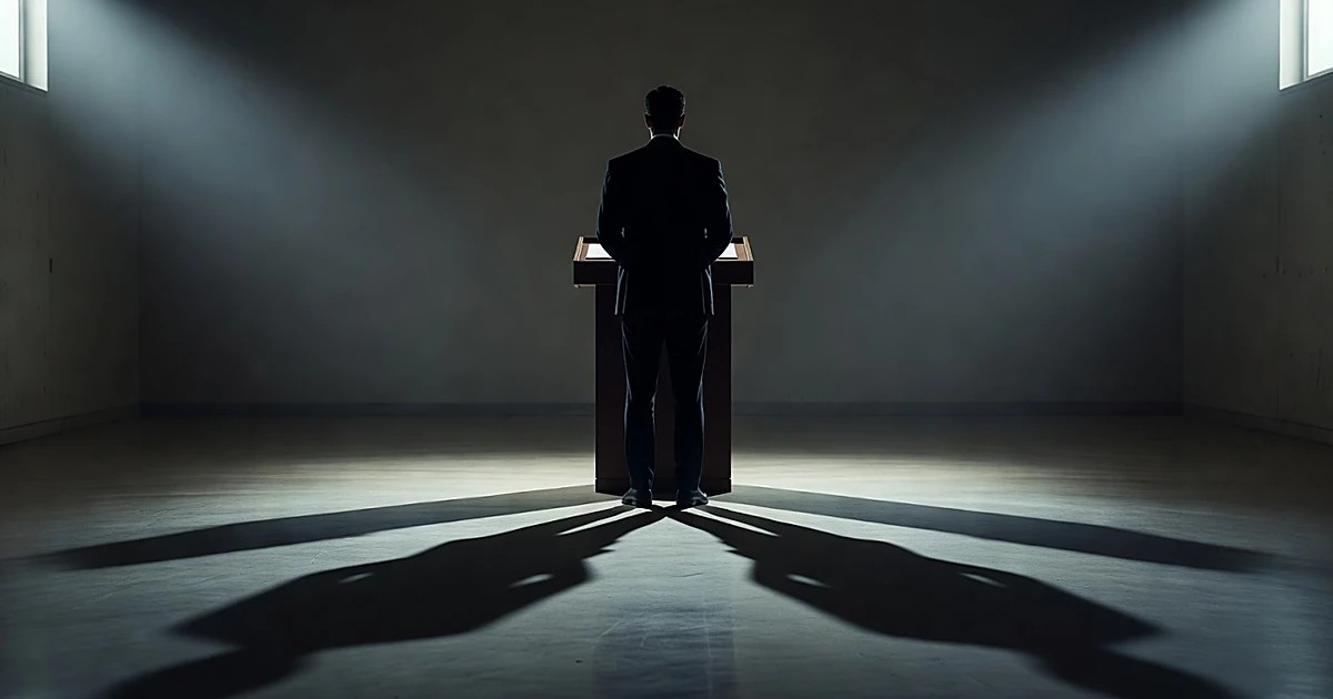 Silhouetted figure at podium with shadow splitting in two directions, representing a political reversal