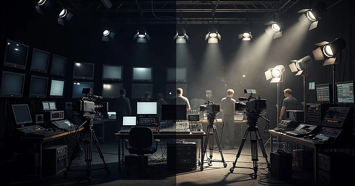 Dark empty TV studio equipment on left contrasts with brightly lit active production setup on right side