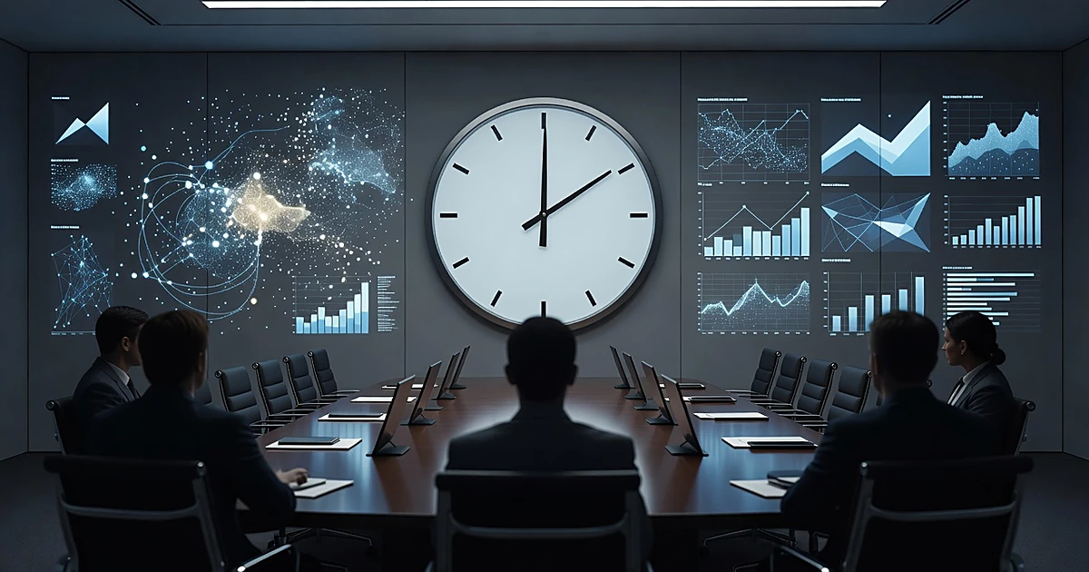 Clock face in government conference room with silhouetted figures viewing neural network displays
