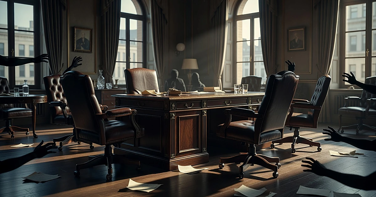 Empty chairs pulled away from desk in ornate office, symbolizing internal power struggle and staff departures