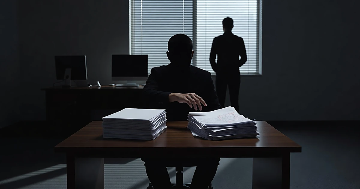 Silhouetted figures in office with opposing stacks of documents on desk, one showing corrections and edits