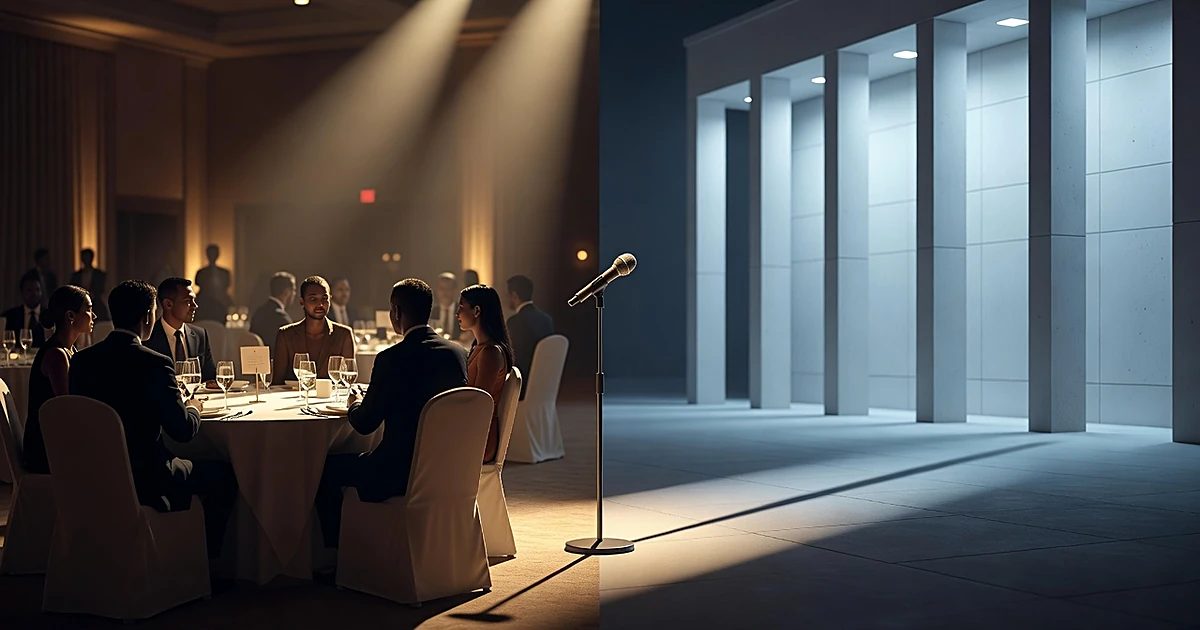 Split scene with gala dinner silhouettes and white columned building separated by microphone stand casting shadow
