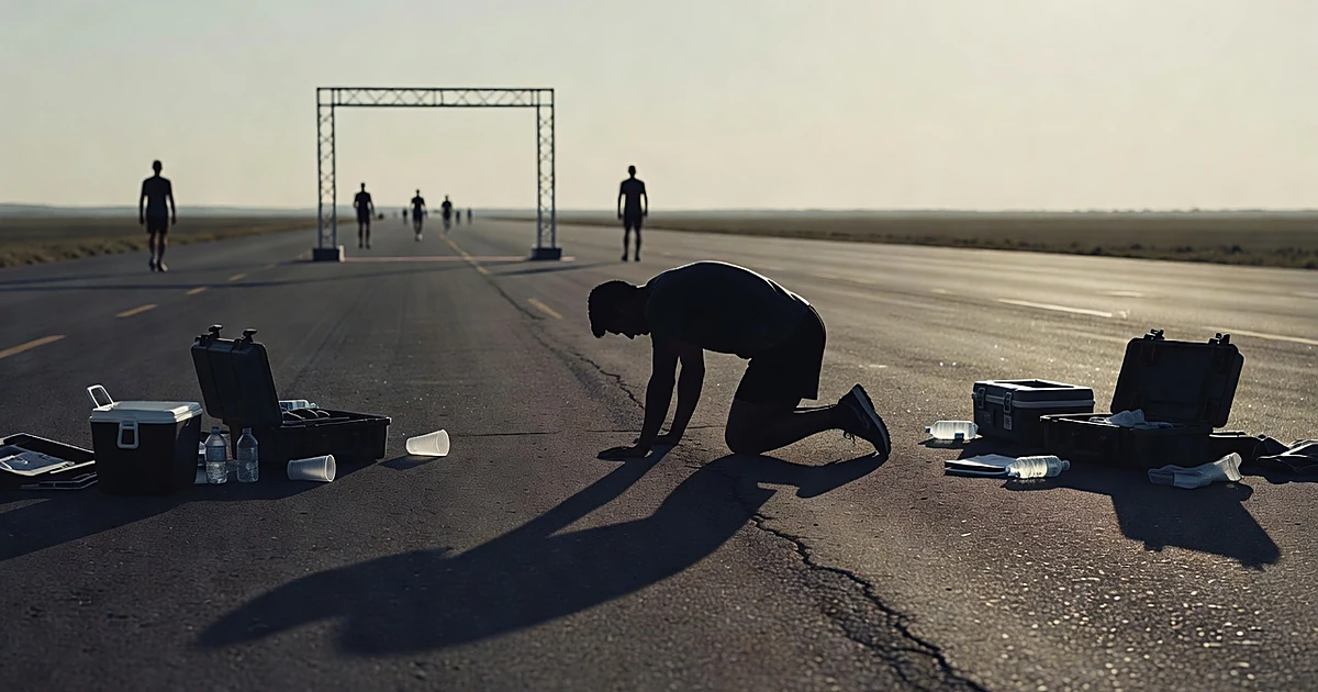 Silhouette of collapsed runner on pavement near finish line with medical equipment nearby