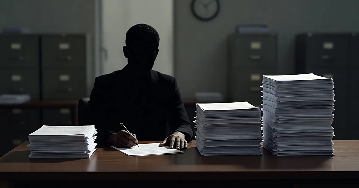 Silhouetted figure at desk signing documents with growing stacks of papers representing increasing contract amounts