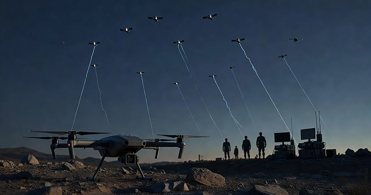 Grounded military drone beneath satellites with weakened signal beams, silhouetted soldiers near communication equipment