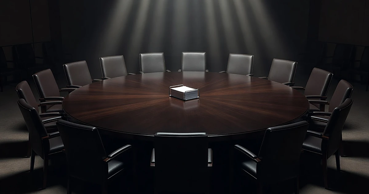 Empty negotiating table with three groups of chairs in dramatic lighting suggesting upcoming diplomatic talks